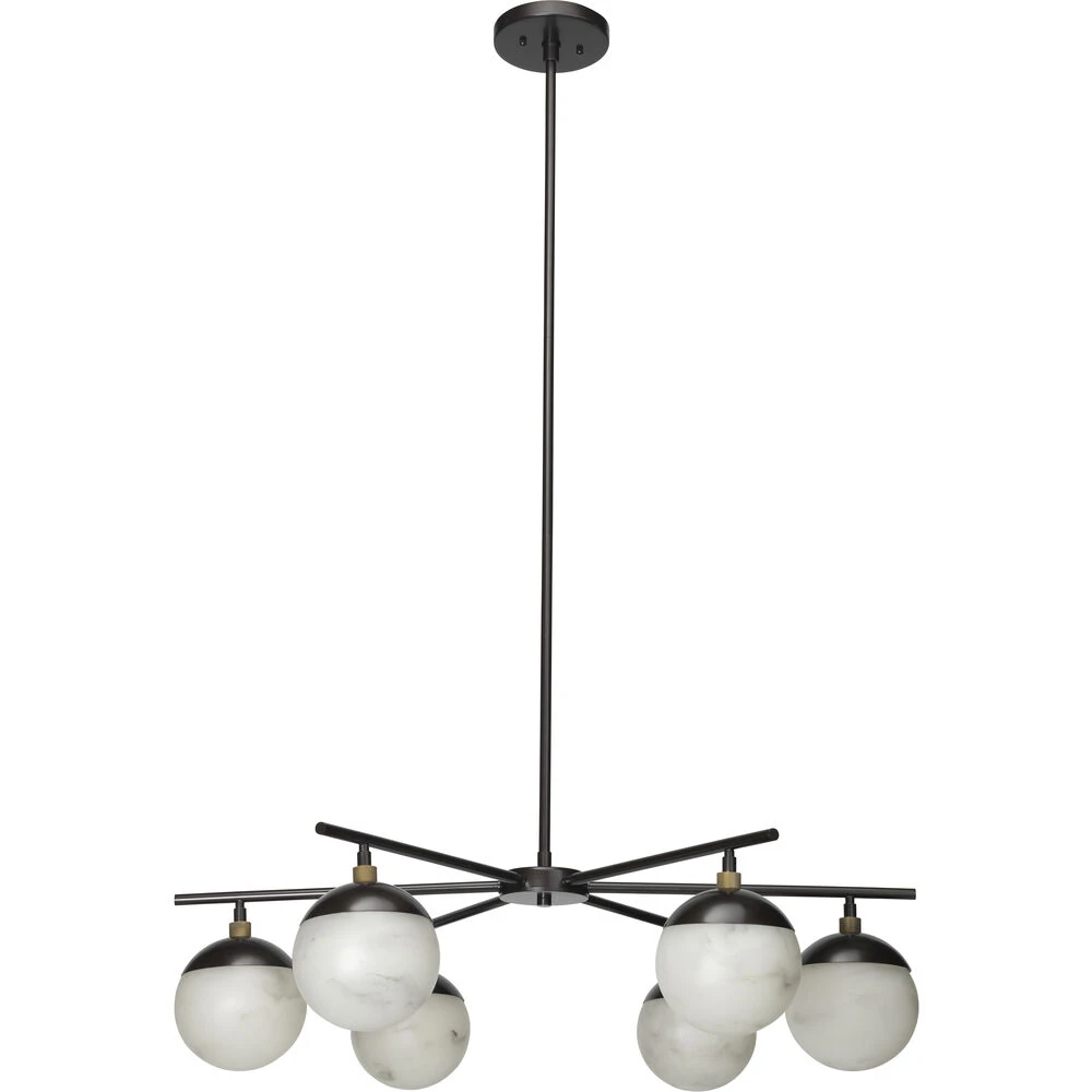 Metro 6 Light 40 Inch Faux White Alabaster And Oil Rubbed Bronze Chandelier Ceiling Light, Antique Brass Accents