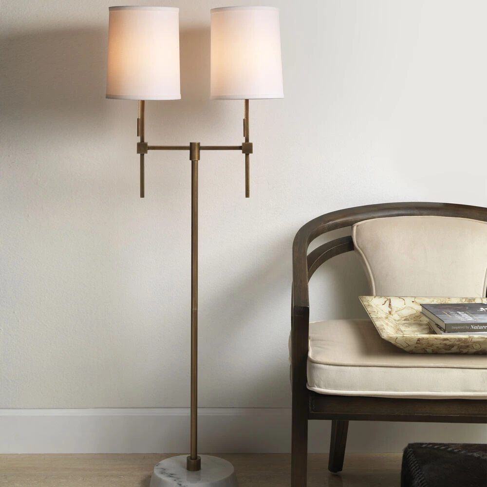 Minerva 52 Inch 40.00 Watt Antique Brass & White Marble Twin Shade Floor Lamp Portable Light - Image 2